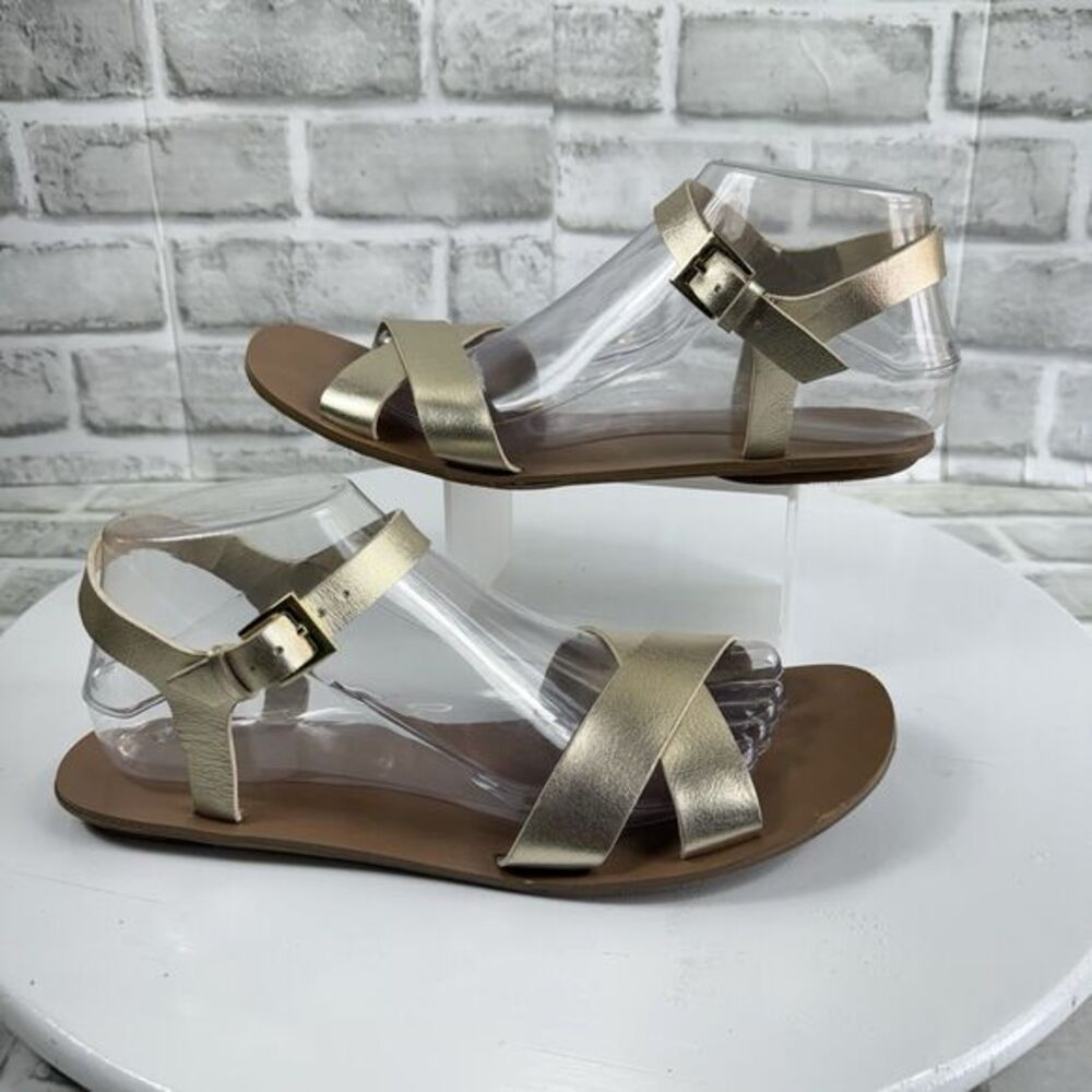 J. Crew Women's 9 Gold Leather Ankle Strap Flat Sandal Criss Cross Preppy